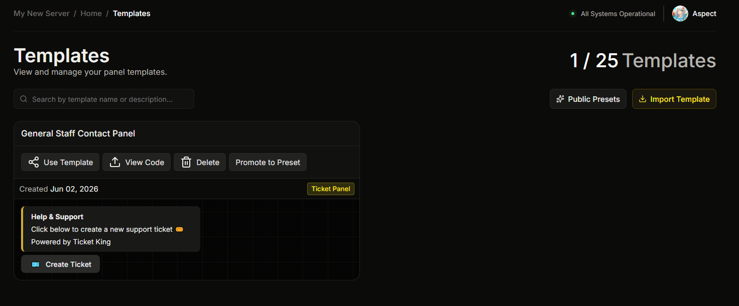 The Templates page showing a list of saved templates with names, descriptions, and per-template action buttons