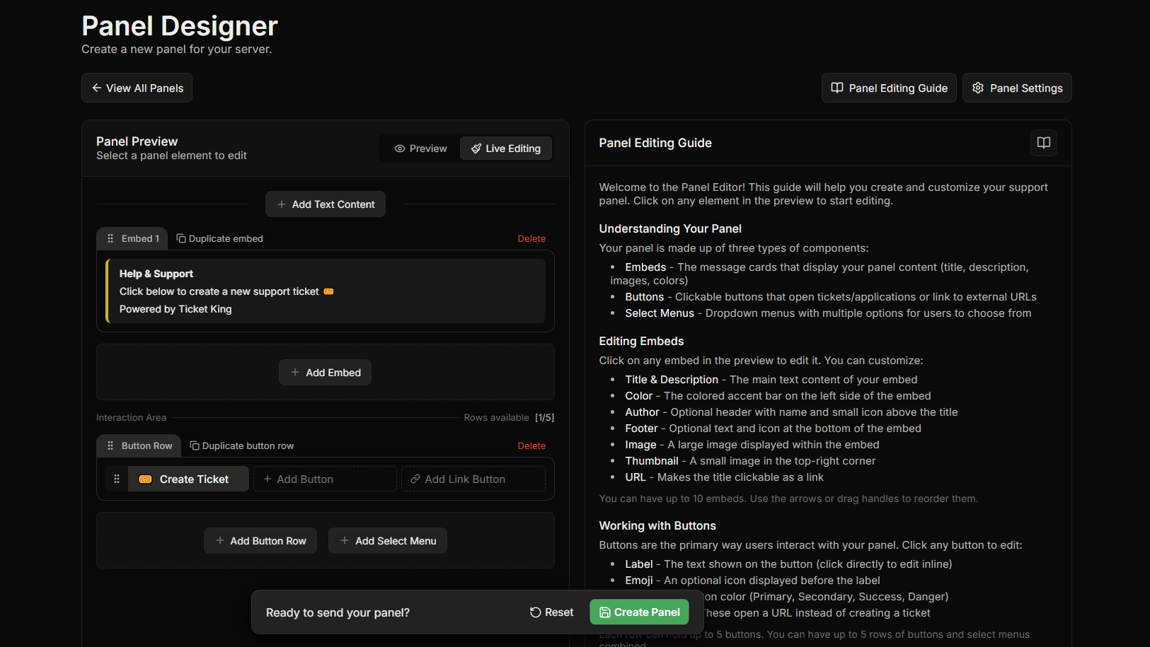 The panel editor with the live preview on the left and the embed editor open on the right