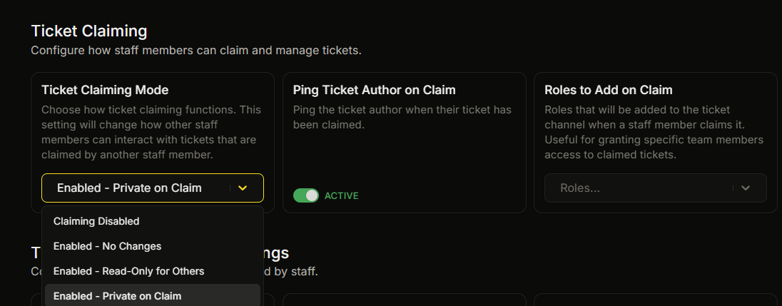 Settings → Ticket Claiming → Ticket Claiming Mode section with the dropdown open showing all four modes