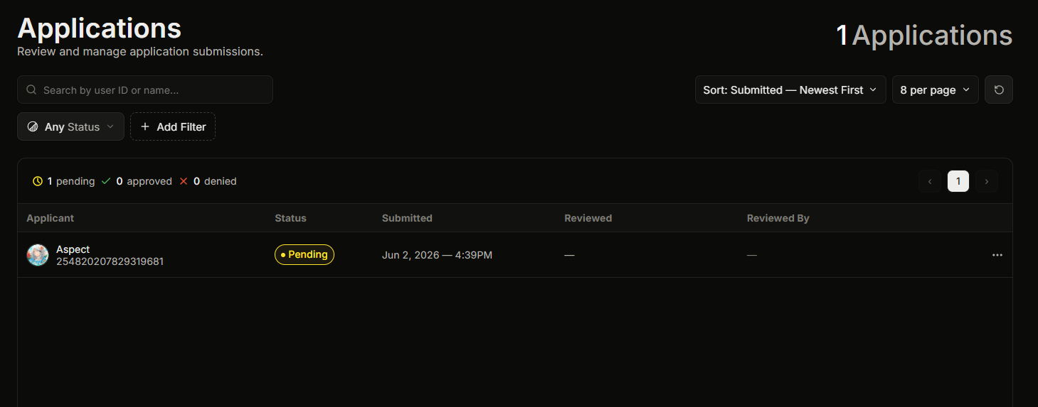 The Applications page in the dashboard showing the filter row, the pending/approved/denied counts, and the table with at