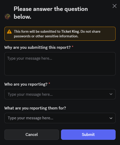 A Discord pop-up form popping up after a member clicks a panel button, showing a mix of Text Input, Dropdown Select, and