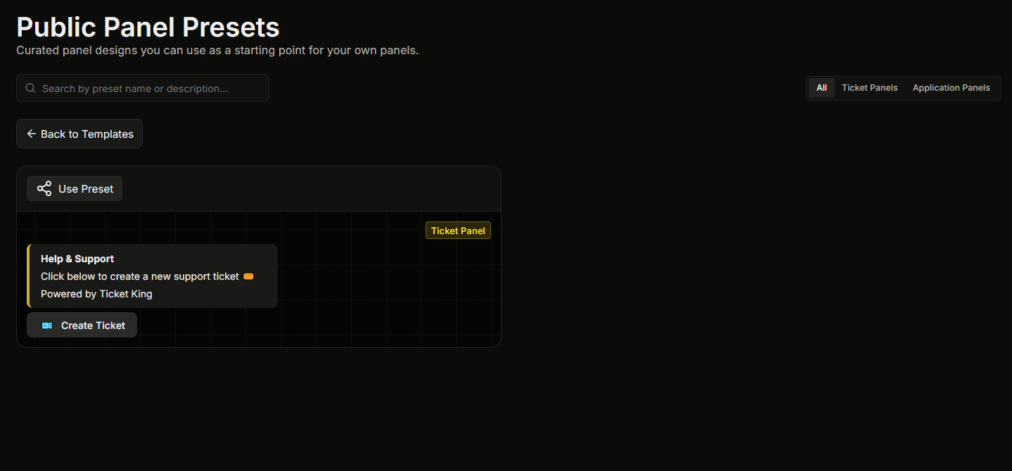 The Public Panel Presets page with a grid of preset cards, each showing a live panel preview and a Use Preset button