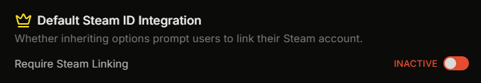 A panel option's Advanced tab with the Steam ID Integration section visible and the Require Steam Linking toggle on
