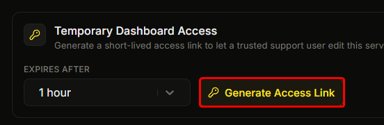 The Temporary Dashboard Access card with the Generate Access Link button