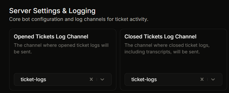 The Server Settings & Logging section showing the Opened and Closed Tickets log channel selectors