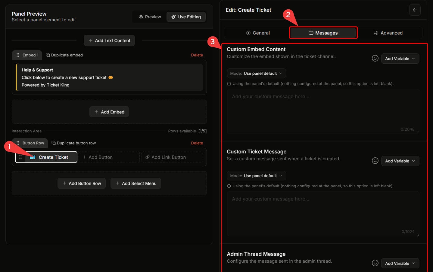 The Messages tab of a panel option