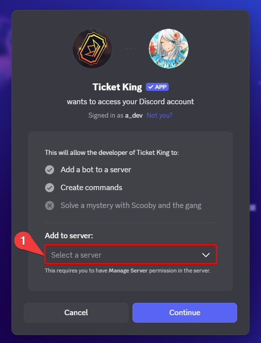 Discord's Add to Server screen with the server dropdown open